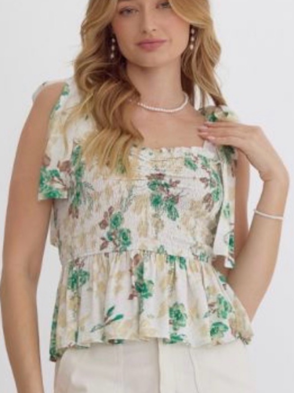 entro Green & White Floral Tie-Shoulder Smocked Peplum Top
